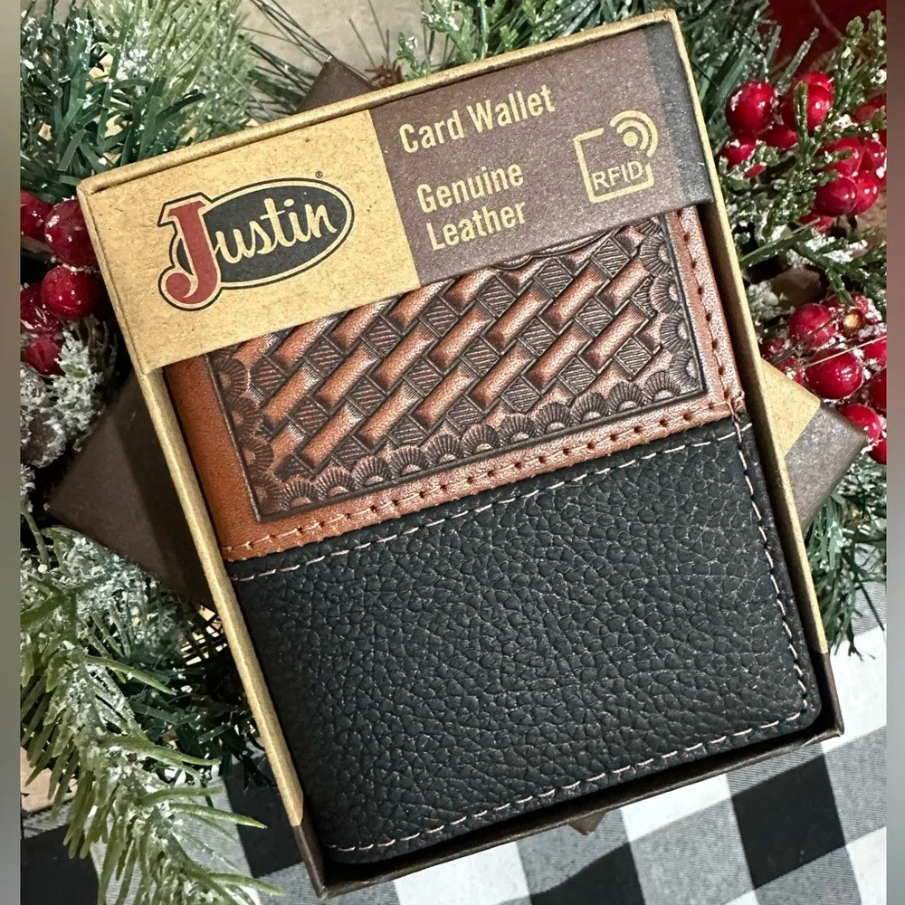 New Justin Boots Mens Leather Wallet Bi Fold Basketweave Card Wallet Brown Black